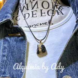 Raw Black tourmaline chunky nugget gold pendant black rope short necklace